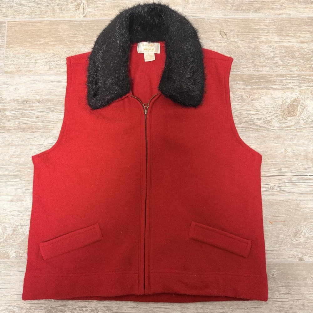 Vintage‎ Tally Ho Red Wool Zip Front Vest XL Top Removable Fur Collar Holiday